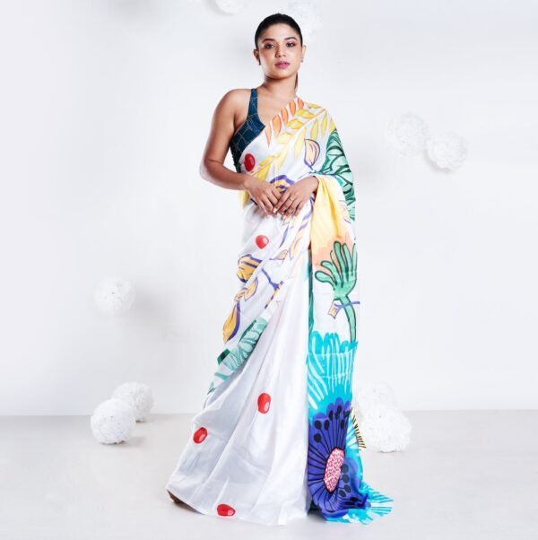 Charlotte satin georgette digital printed saree in offwhite color