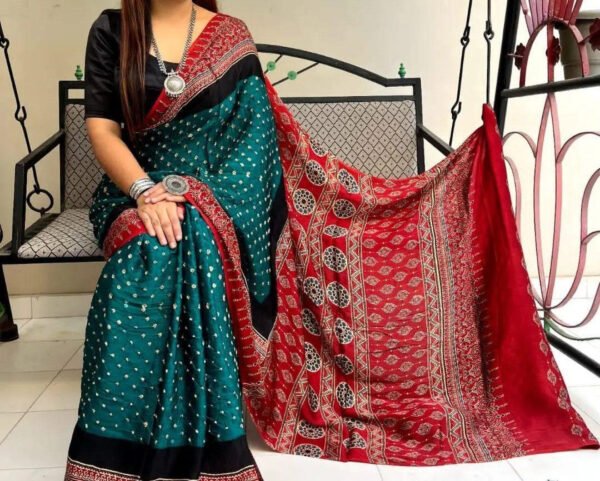Green Red Ajrakh Digital Print Muslin fabric Saree – Traditional Ethnic Wear for Women