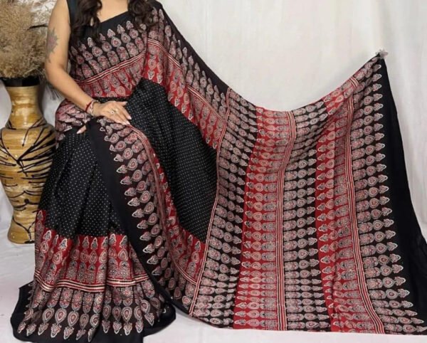 Black Ajrakh Digital Print Muslin fabric Saree  – Traditional Ethnic Wear for Women