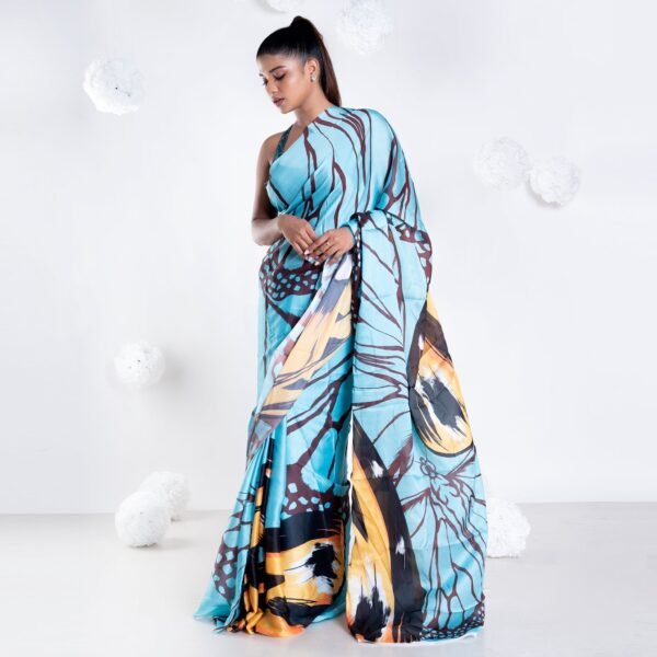 Sylvie satin georgette digital printed  saree in blue color