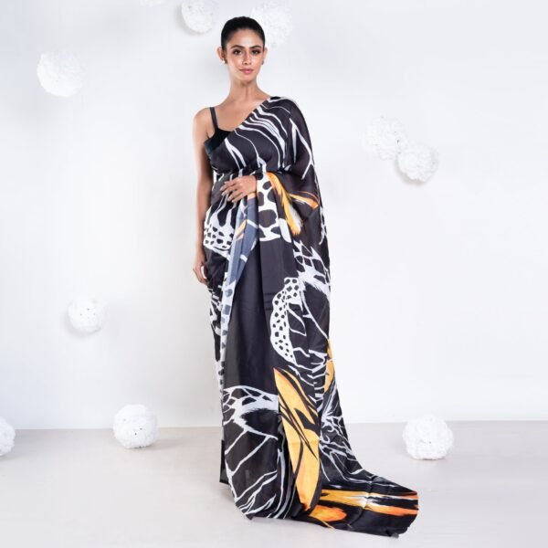 Adle satin georgette digital printed  saree in black color