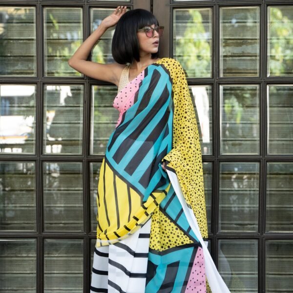 Yellow and blue brew with black digital printed satin georgette saree