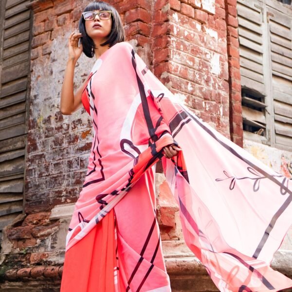 Coral fragment digital printed satin georgette saree