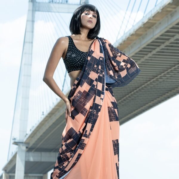 Sunset skyline digital printed satin georgette saree