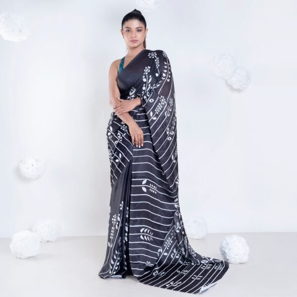 Parallel satin georgette digital printed saree in black color
