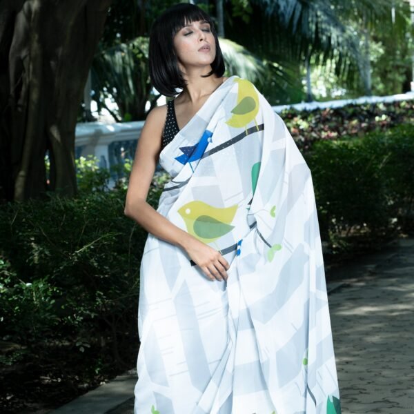 Humming birds digital printed satin georgette saree