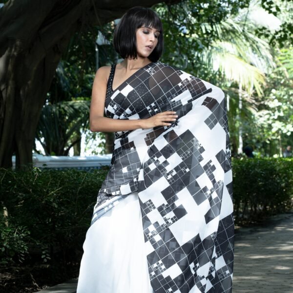 Black ice digital printed satin georgette saree