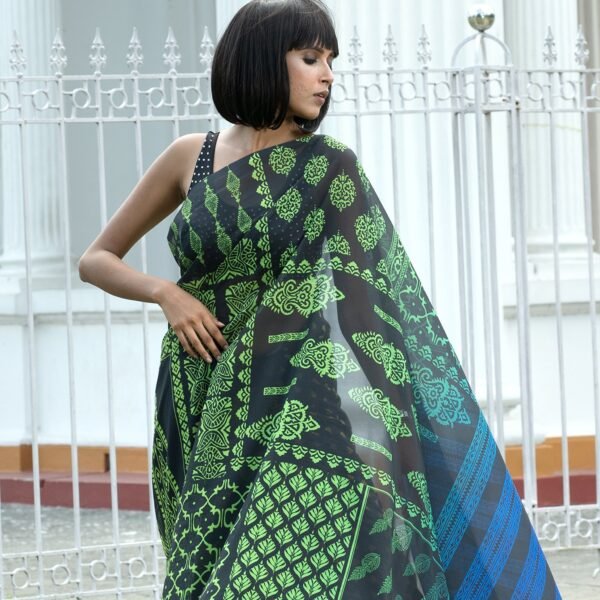 Indian stencil digital printed satin georgette saree