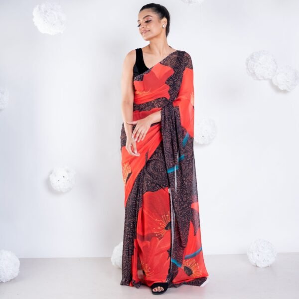 Claire georgette digital printed  saree in black color
