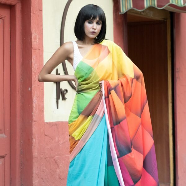 Sunshine kaleidoscope digital printed satin georgette saree