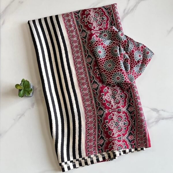 Exclusive Cream black Ajrakh Printed Saree