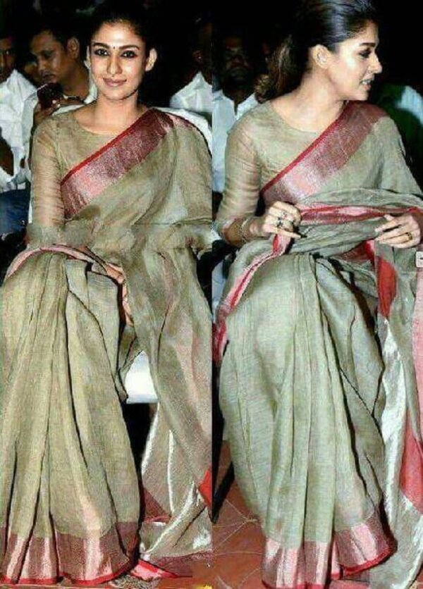 Olive Green Linen Digital Printed Saree With Blouse Piece For Women