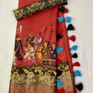 "Elegant Kalamkari Digital Printed Linen Saree with Blouse – Stylish & Timeless" - red