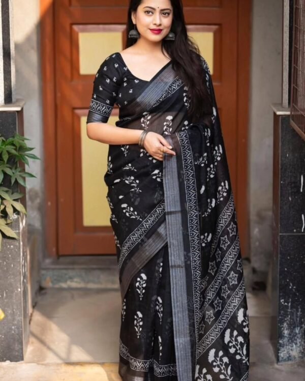 Attractive Black Linen Digital Print Saree with Blouse Piece for Women
