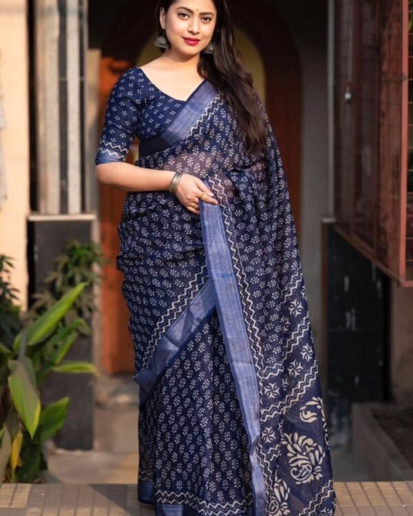 Attractive Navy Blue Linen Digital Print Saree With Blouse Piece For Women