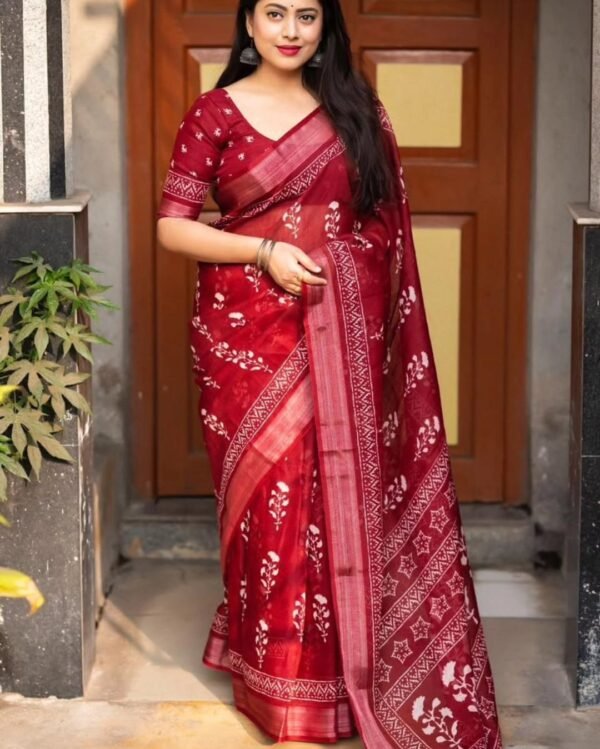 Attractive Red Linen Digital Print Saree with Blouse Piece for Women