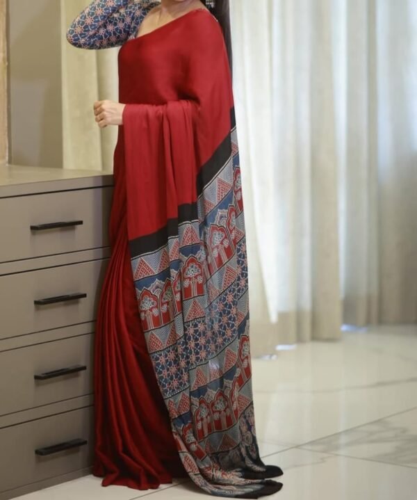 Maroon Color Handcrafted Ajrakh Saree – Traditional Ethnic Wear for Women