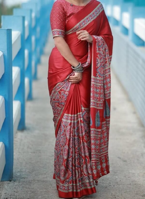 Red Color Handcrafted Ajrakh Saree – Traditional Ethnic Wear for Women