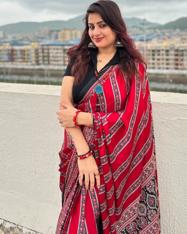 Black and Red Ajrakh Digital Print Saree – Traditional Ethnic Wear for Women
