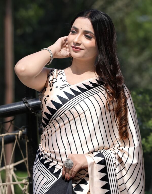 White Black Ajrakh Silk Digital Printed Saree – Elegant Ethnic Wear for Women